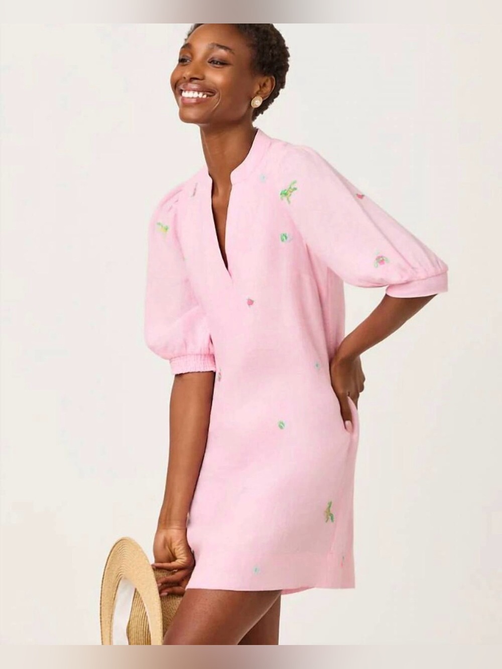 Lilly Pulitzer Mialeigh Elbow Sleeve Linen Dress in vibrant Conch Shell Pink